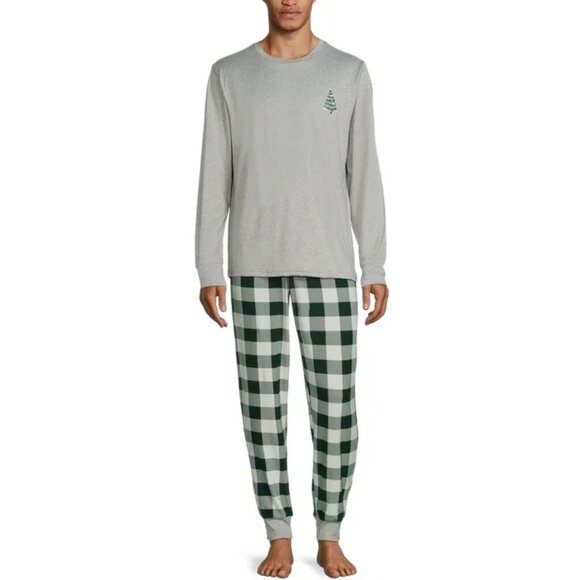 Men's Pajama Set XL-Holiday Green Plaid Christmas Tree Long Sleeve Top/Pants NWT - Picture 1 of 4
